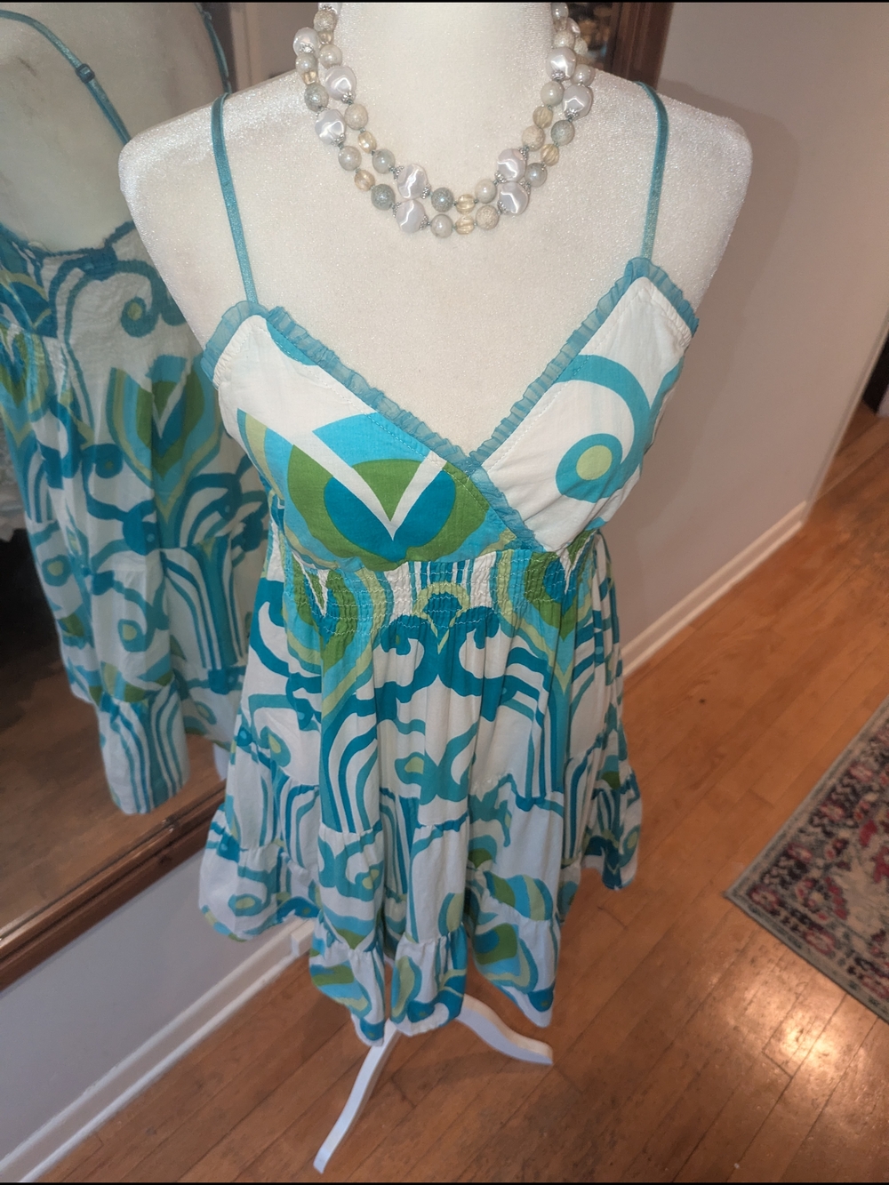 💯 Indian Cotton Green & White Printed Sundress With Slip - Picture 10 of 12